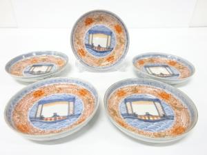 古伊万里　染付色絵　花唐草　五寸皿　5客